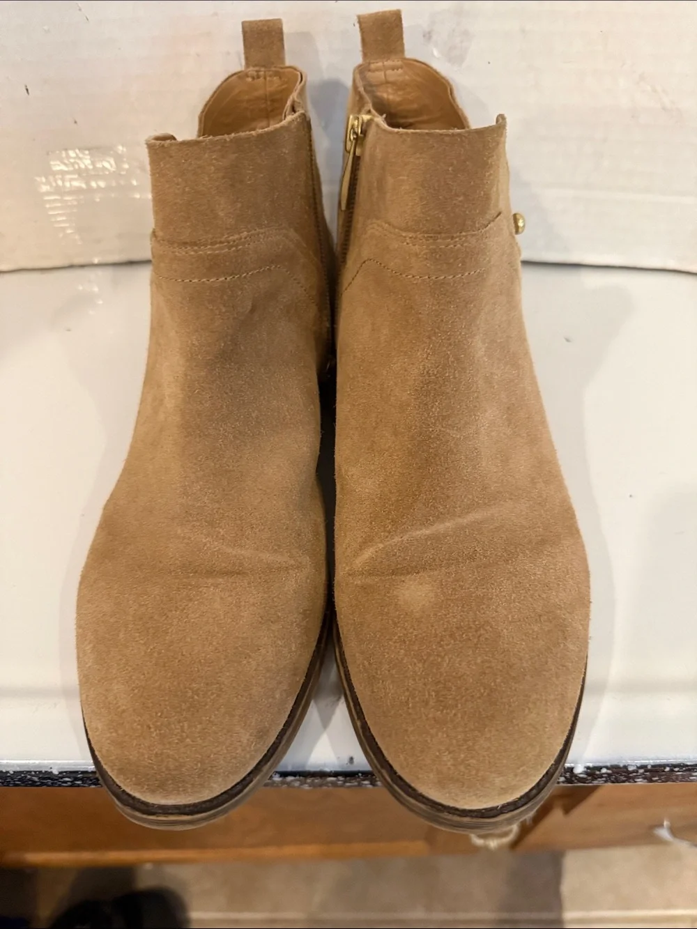 Franco Sarto Kelton Tan Suede Ankle Booties with Gold Studs (sz 9)